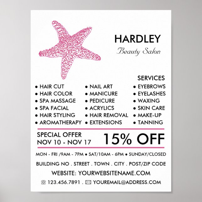 Poster Starfish Rosa Praia, Beauticista, Salão de Bela (Frente)