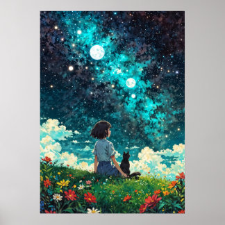 Poster Starlit Reverie - Uma garota e seu gato sentam jun