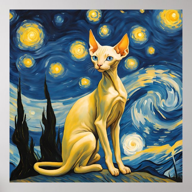 Poster Starry Night Elf Sphinx Cat Van Gogh Art Painting (Frente)