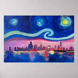 Poster Starry Night em Chicago Illinois com o lago Michig