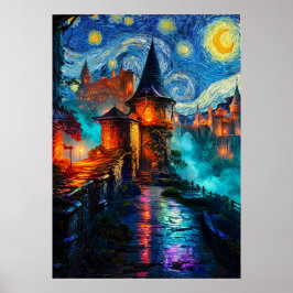 Poster Starry Night Fantasy Castle Magical Oil Painting