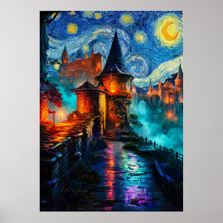 Poster Starry Night Fantasy Castle Magical Oil Painting
