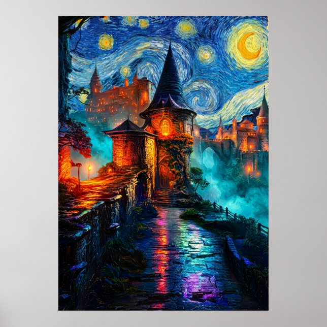 Poster Starry Night Fantasy Castle Magical Oil Painting (Frente)