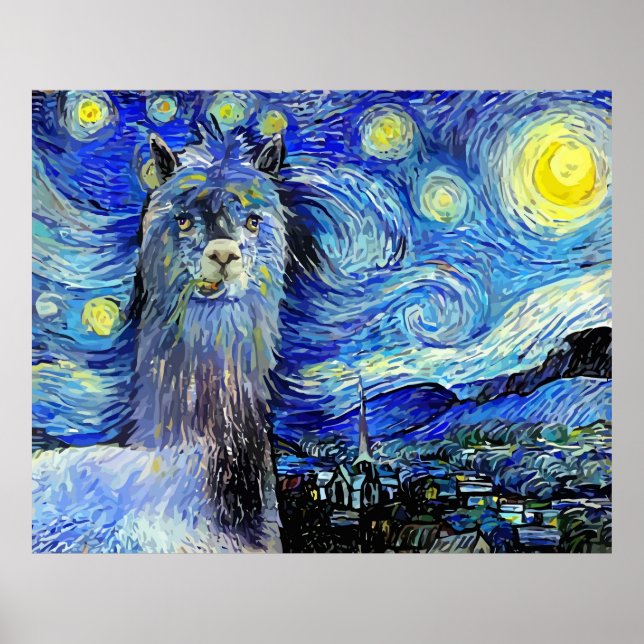 Poster Starry Night Funny Alpaca Landscape Parody (Frente)