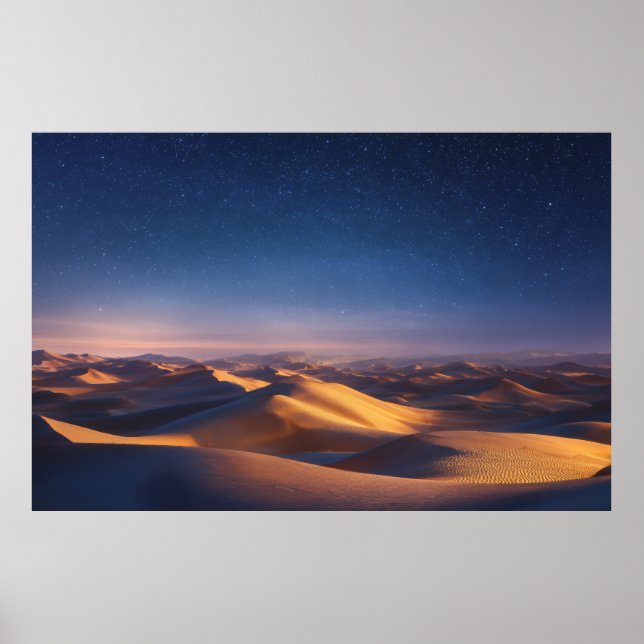 Poster Starry Night Over Golden Desert Dunes Landscape (Frente)