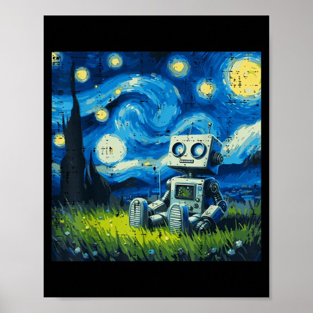 Poster Starry Night Robot Funny Painting Art Meme Kids Me (Frente)