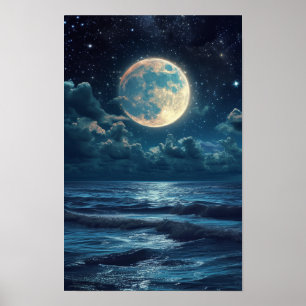 Poster Starry Night Sky Full Moon Sea Realist Art Poste