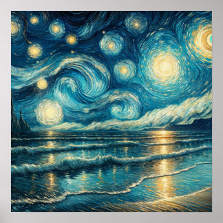 Poster Starry Night Sky sobre Oceano Calmo