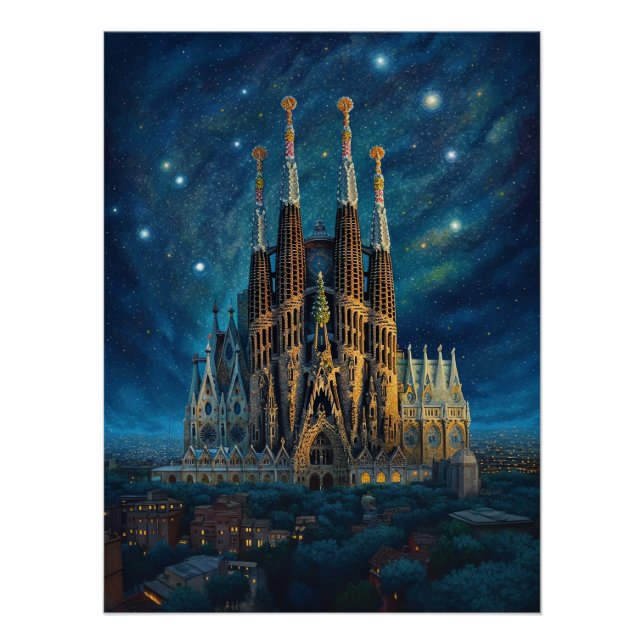 Pôster Starry Night Sobre Sagrada Familia Barcelona (Frente)