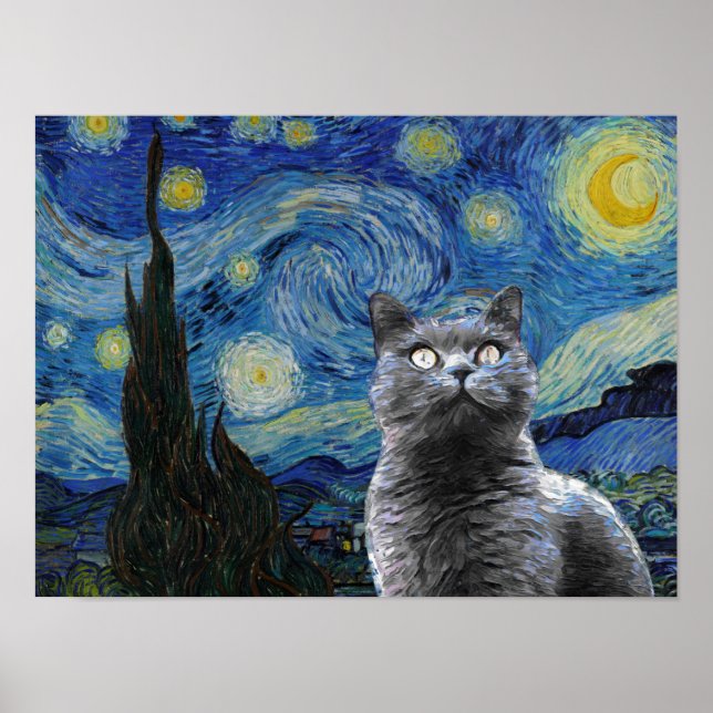 Poster Starry Night Vincent Van Gogh Gogh Cute Cat Kitten (Frente)