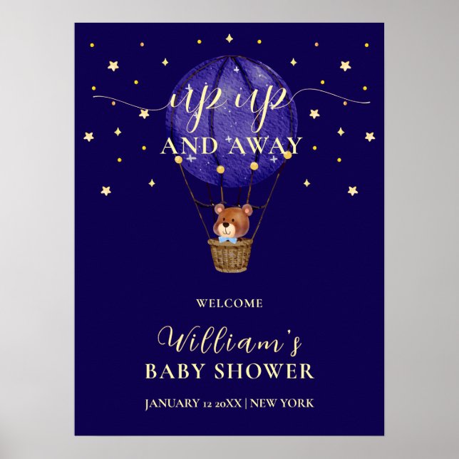 Poster Stars Bear Hot Air Balloon Chá de fraldas Bem-vind (Frente)