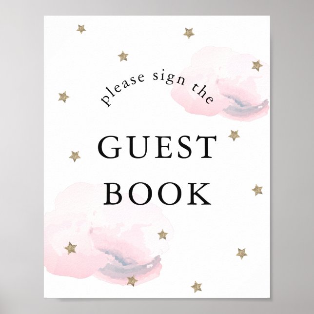 Poster Stars Pink Clouds Baby Shower Guest Book Sign (Frente)
