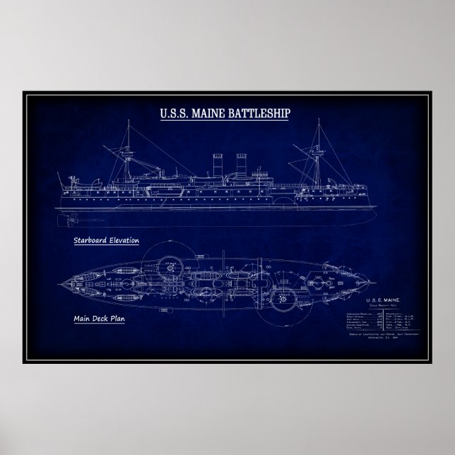 Poster Steam Battleship USS MAINE Blueprint 1894 (Frente)