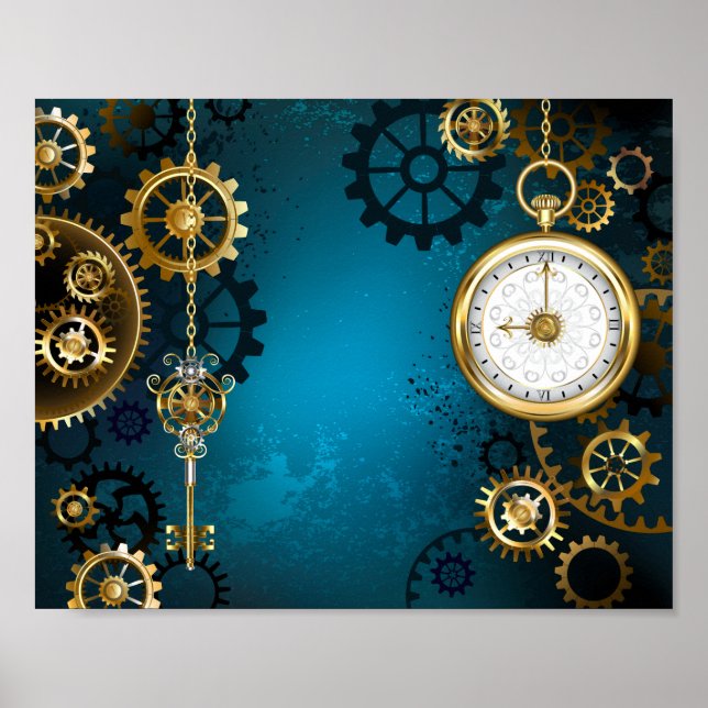 Poster Steampun turquoise Background with Gears (Frente)
