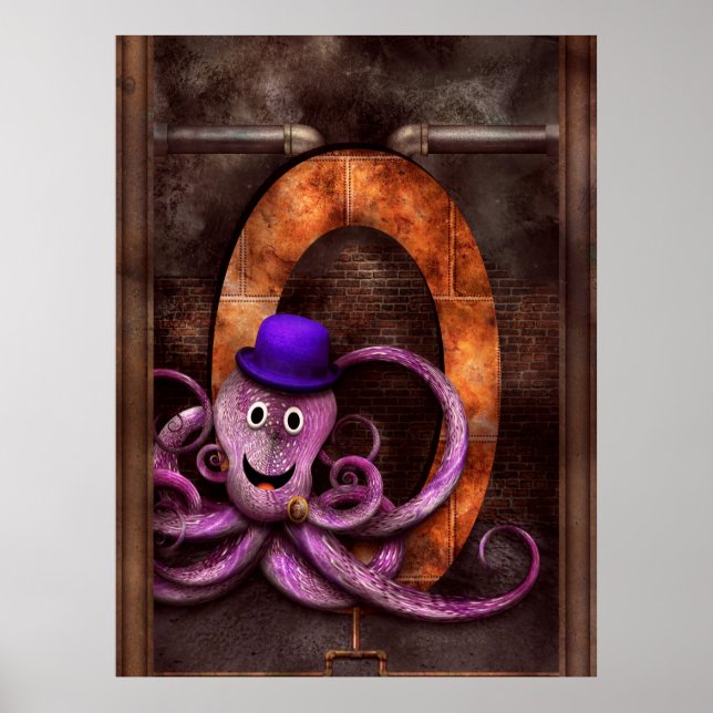 Pôster Steampunk - Alphabet - O é para Octopus (Frente)
