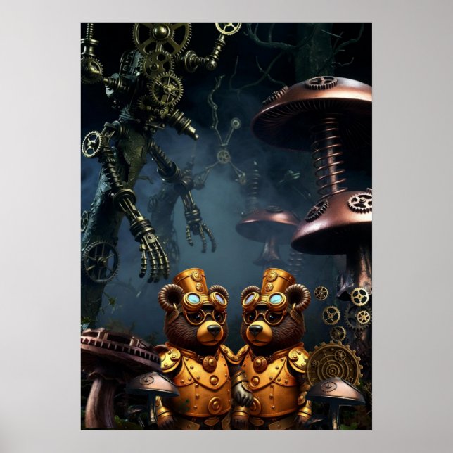 Poster Steampunk Bears in Clockwork Forest Fantasy Art (Frente)