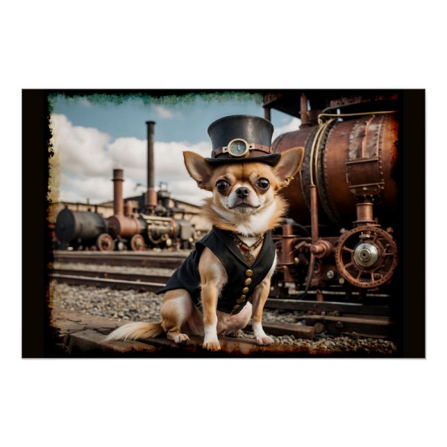 Pôster Steampunk Chihuahua e Train (Frente)