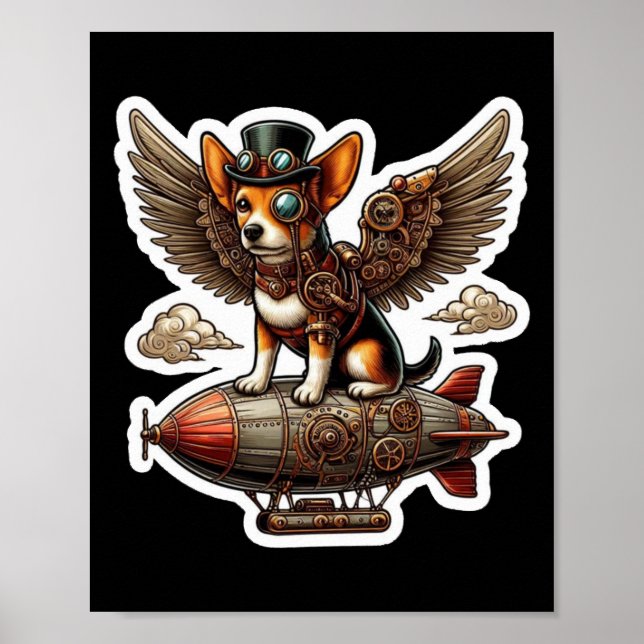 Poster Steampunk Corgi Adventure Sticker - Whimsical Flyi (Frente)