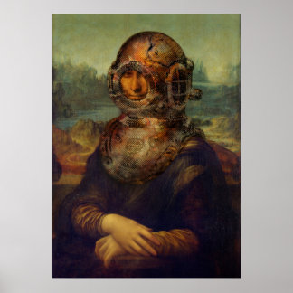 Pôster Steampunk da Vinci Mona Lisa Divers Capacete Pop A