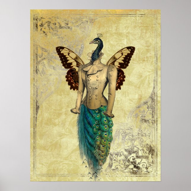 Poster Steampunk Fantasy Peacock Dourado (Frente)