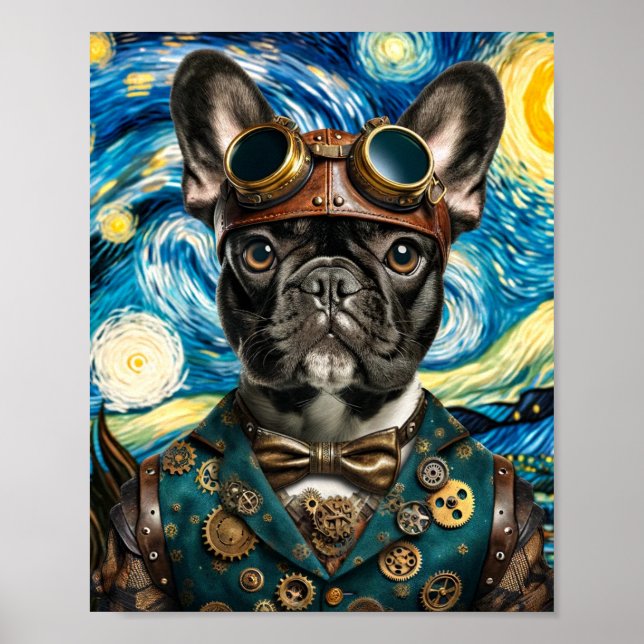 Poster Steampunk Frenchie na Noite Estrelada (Frente)