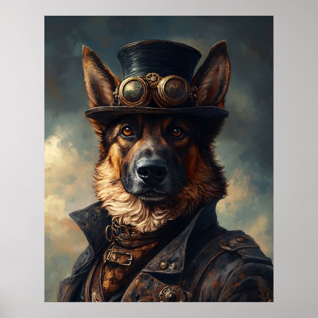 Poster Steampunk German Shepherd Dog in Top Hat (Frente)