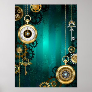Poster Steampunk Jewelry Watch em um fundo verde