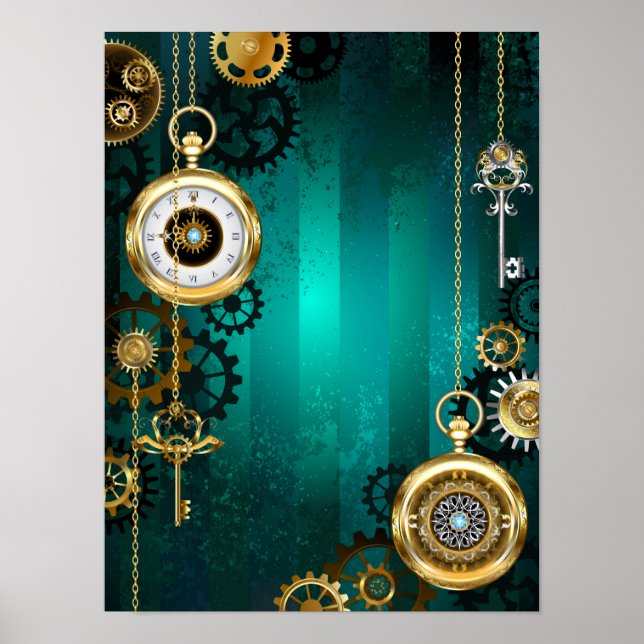 Poster Steampunk Jewelry Watch em um fundo verde (Frente)