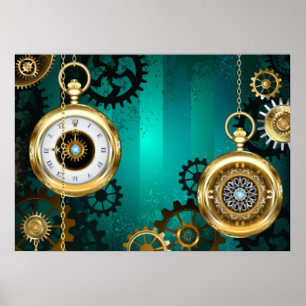 Poster Steampunk Jewelry Watch em um fundo verde