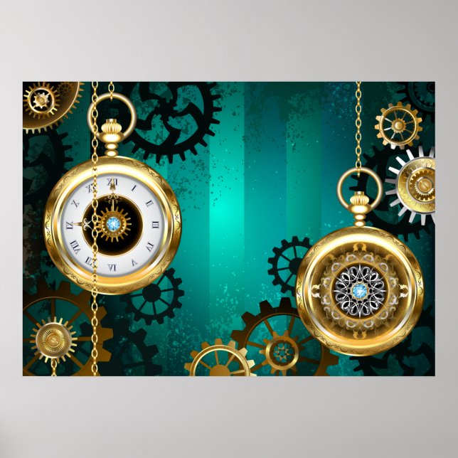 Poster Steampunk Jewelry Watch em um fundo verde (Frente)