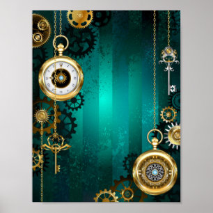 Poster Steampunk Jewelry Watch em um fundo verde