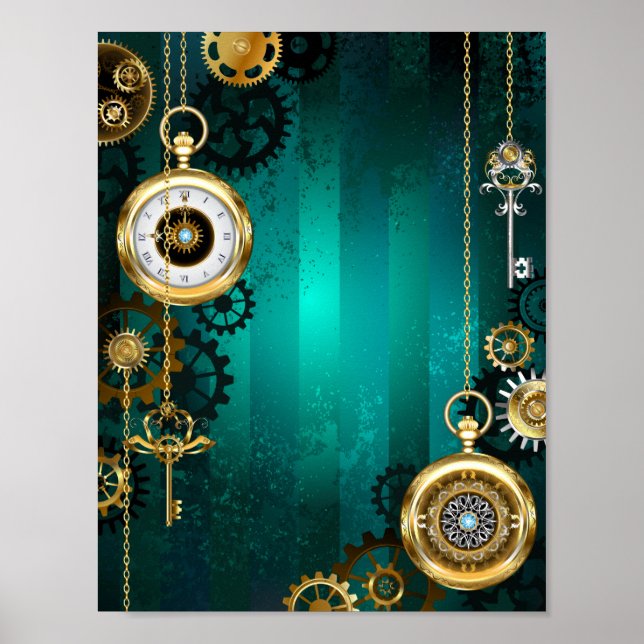Poster Steampunk Jewelry Watch em um fundo verde (Frente)