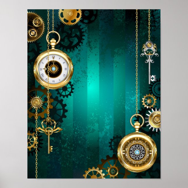 Poster Steampunk Jewelry Watch em um fundo verde (Frente)