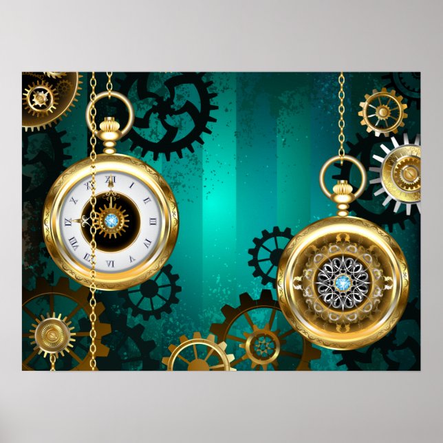 Poster Steampunk Jewelry Watch em um fundo verde (Frente)