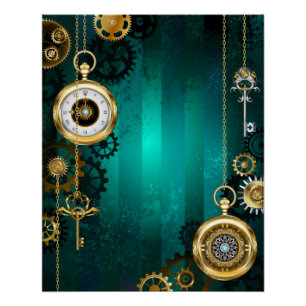 Pôster Steampunk Jewelry Watch em um fundo verde