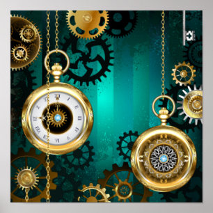Poster Steampunk Jewelry Watch em um fundo verde