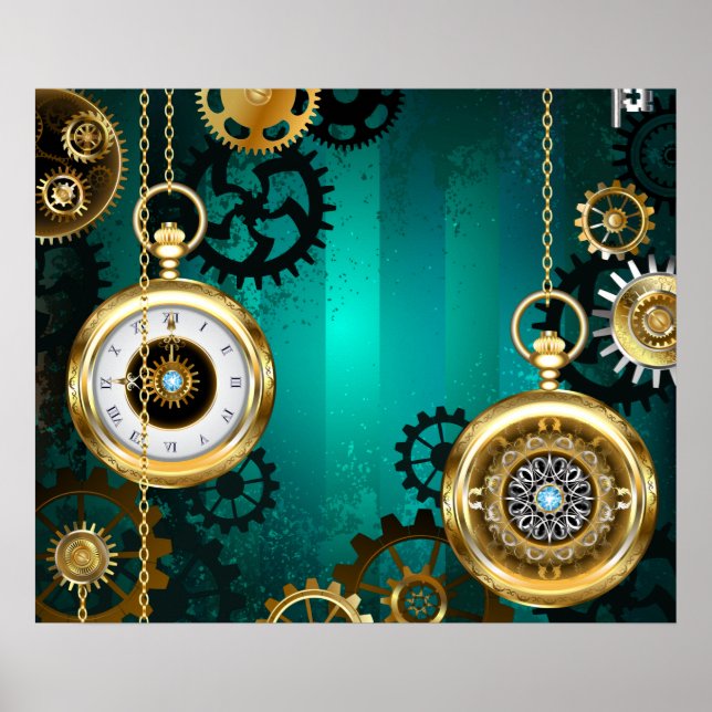 Poster Steampunk Jewelry Watch em um fundo verde (Frente)
