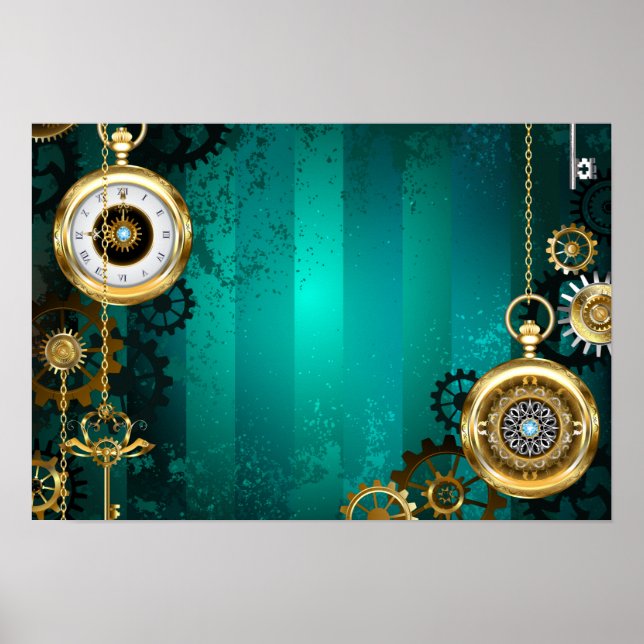 Poster Steampunk Jewelry Watch em um fundo verde (Frente)