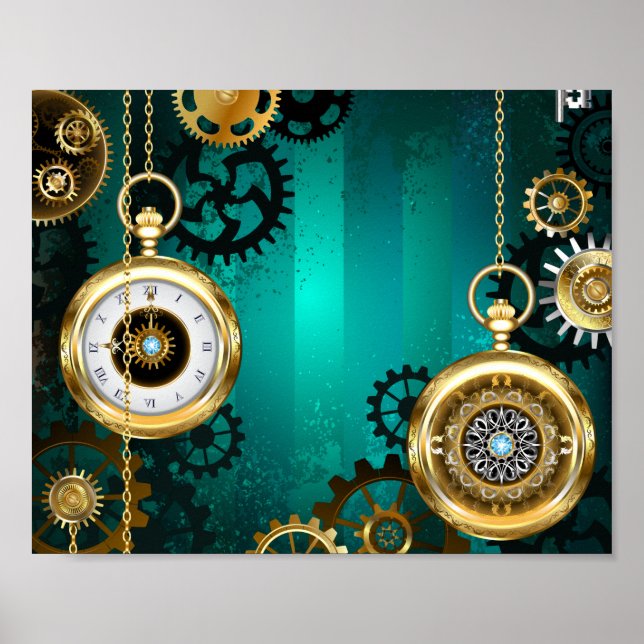 Poster Steampunk Jewelry Watch em um fundo verde (Frente)