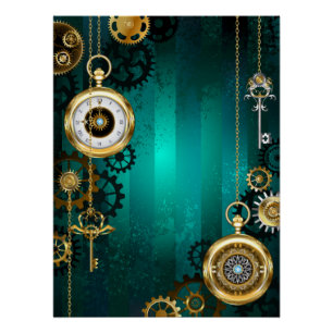 Pôster Steampunk Jewelry Watch em um fundo verde