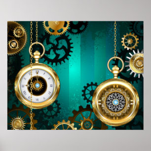 Poster Steampunk Jewelry Watch em um fundo verde