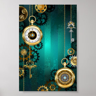 Poster Steampunk Jewelry Watch em um fundo verde