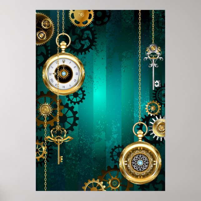 Poster Steampunk Jewelry Watch em um fundo verde (Frente)