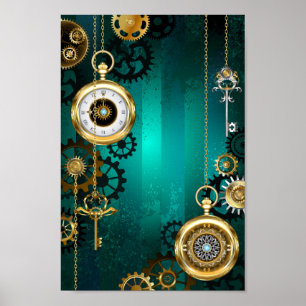 Poster Steampunk Jewelry Watch em um fundo verde