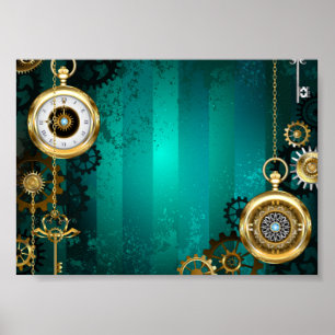 Poster Steampunk Jewelry Watch em um fundo verde