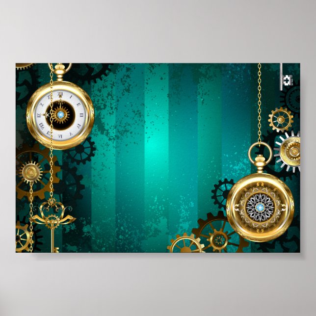 Poster Steampunk Jewelry Watch em um fundo verde (Frente)