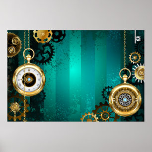 Poster Steampunk Jewelry Watch em um fundo verde