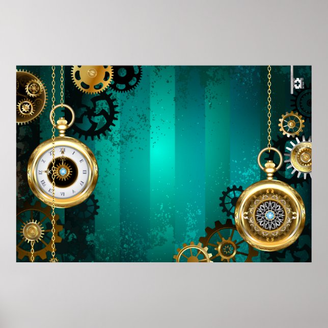 Poster Steampunk Jewelry Watch em um fundo verde (Frente)