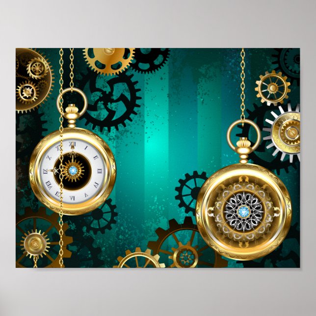 Poster Steampunk Jewelry Watch em um fundo verde (Frente)