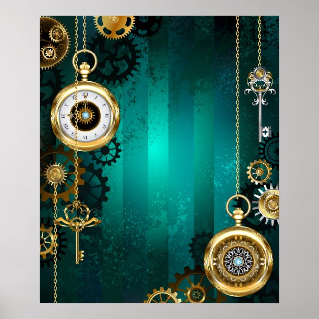 Poster Steampunk Jewelry Watch em um fundo verde (Frente)